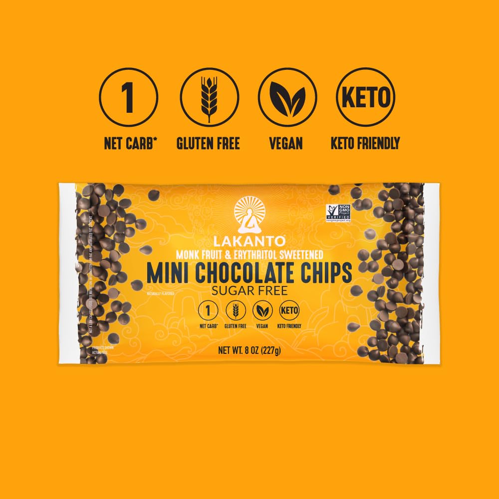 Lakanto Sugar Free Mini Chocolate Chips - Monk Fruit Sweetener And Erythritol, Perfect For Baking, Pancakes, Muffins, Protein Bites, Melting, Snacking, Toppings, Smoothies (8 Oz - Pack Of 3)