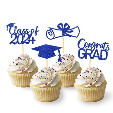 Moitkptt 2024 Graduation Topper, Set Of 24 (Blue) - Includes 4 Styles: Grad Cap, Diploma, 'Class Of 2024', 'Congrats'
