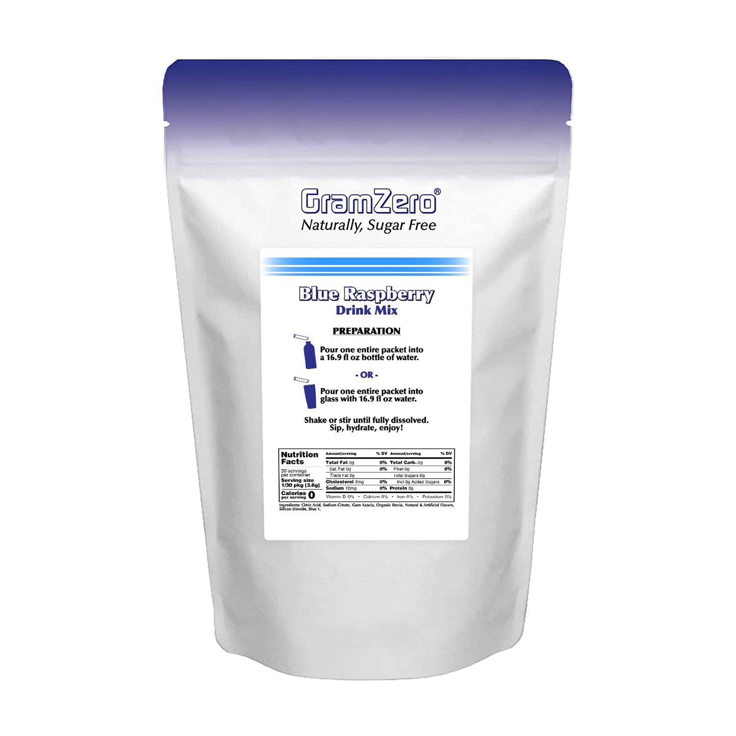 Gramzero 2Go Sticks - Blue Raspberry, Zero Calorie Sugar Free Drink Mix, Stevia Sweetened, Great For Nutrition Club Loaded Tea T