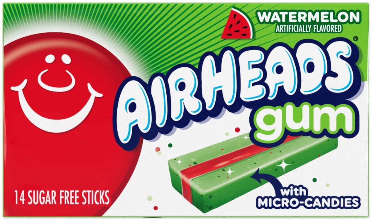Airheads Candy, Chewing Gum, Watermelon Flavor, Sugar Free, Xylitol, 14 Sticks Per Pack, Box Of 12 Packs