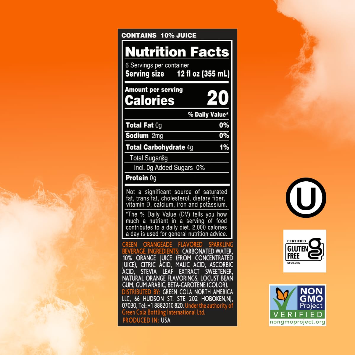 Green Cola Green Orangeade - No Added Sugar, 10% Real Orange Juice, 20 Calories, 12 Fl Oz (Pack of 6)