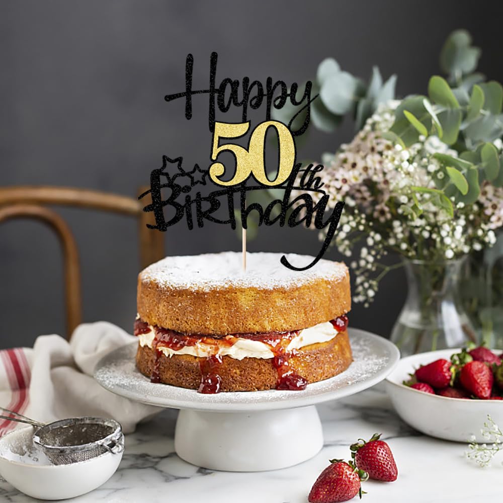 Kaoenla Black Gold Glitter Happy 50Th Birthday Cake Topper - Hello 50/Cheers50,Happy Fifty Birthday Anniversary,50 Years Old Bir
