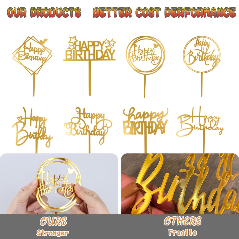 10-Pack Happy Birthday Cake Toppers,Gold Cake Toppers Acrylic Birthday Cake Supplies,4Inchx6Inch (Gold)