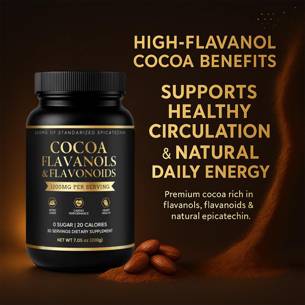 High-Flavanol Cocoa Powder dietary product -Rich in Natural Cocoa Flavonoids & Epicatechin Blend  Vegan  Non-GMO  No Sugar Added  Supports Daily Vitality & Heart Health  7.05 oz