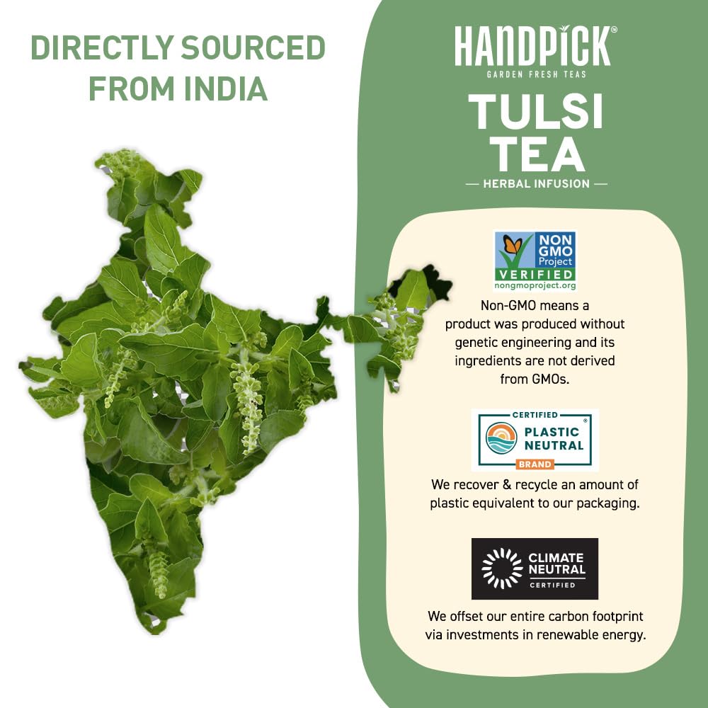 HANDPICK Holy Basil Tea Bags - Caffeine Free, Non-GMO, 100 Count, Eco-conscious Round Bags