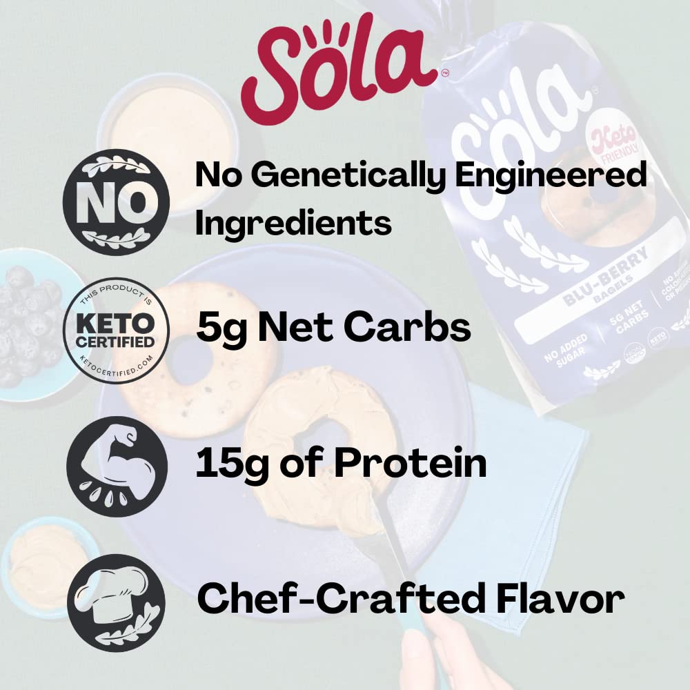 SOLA Low Carb Keto Friendly Bagels, Blu-berry, 6g Net Carbs, 18g Protein, 12 oz (4 Bagels/Pack), Pack of 2