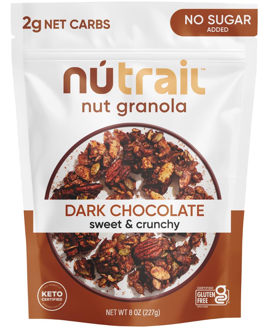 NuTrail Nut Granola Cereal, Dark Chocolate, No Sugar Added, Keto, Low Carb, Gluten Free, Grain Free, Healthy Breakfast 8 oz. 1 C