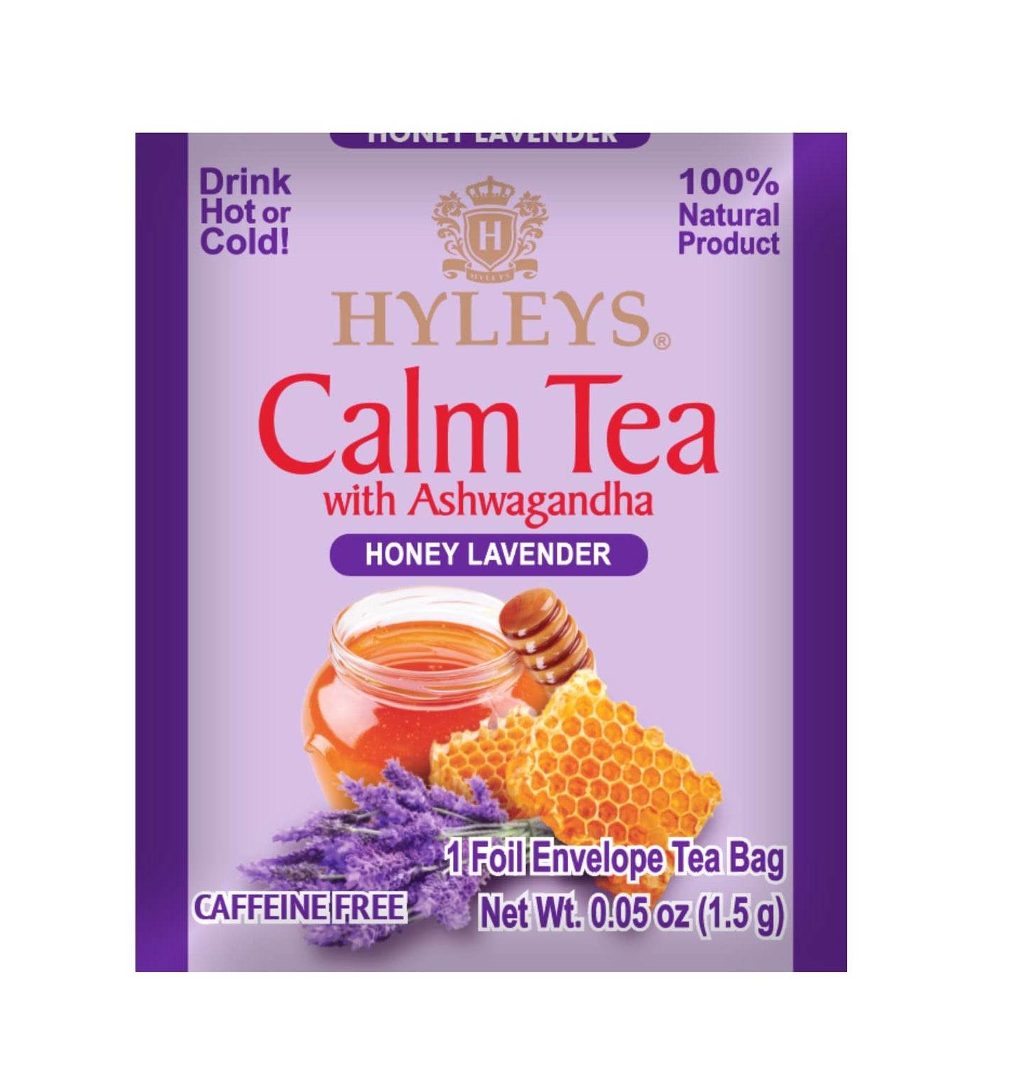 HYLEYS Herbal Tea - Calm Tea with Ashwagandha, Lavender & Honey Flavor, Caffeine-Free, 25 Tea Bags, Model 854326