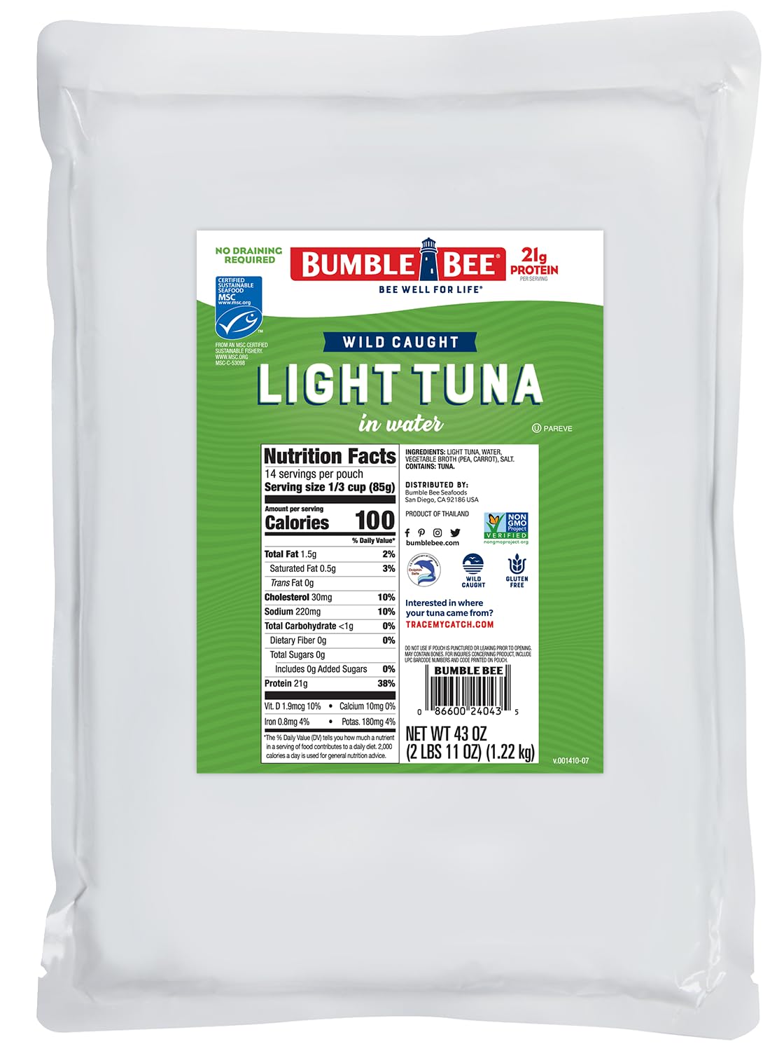 Bumble Bee Chunk Light Tuna Pouch - Wild Caught Skipjack, 21g Protein, 43 oz, Non-GMO, Gluten Free, Kosher