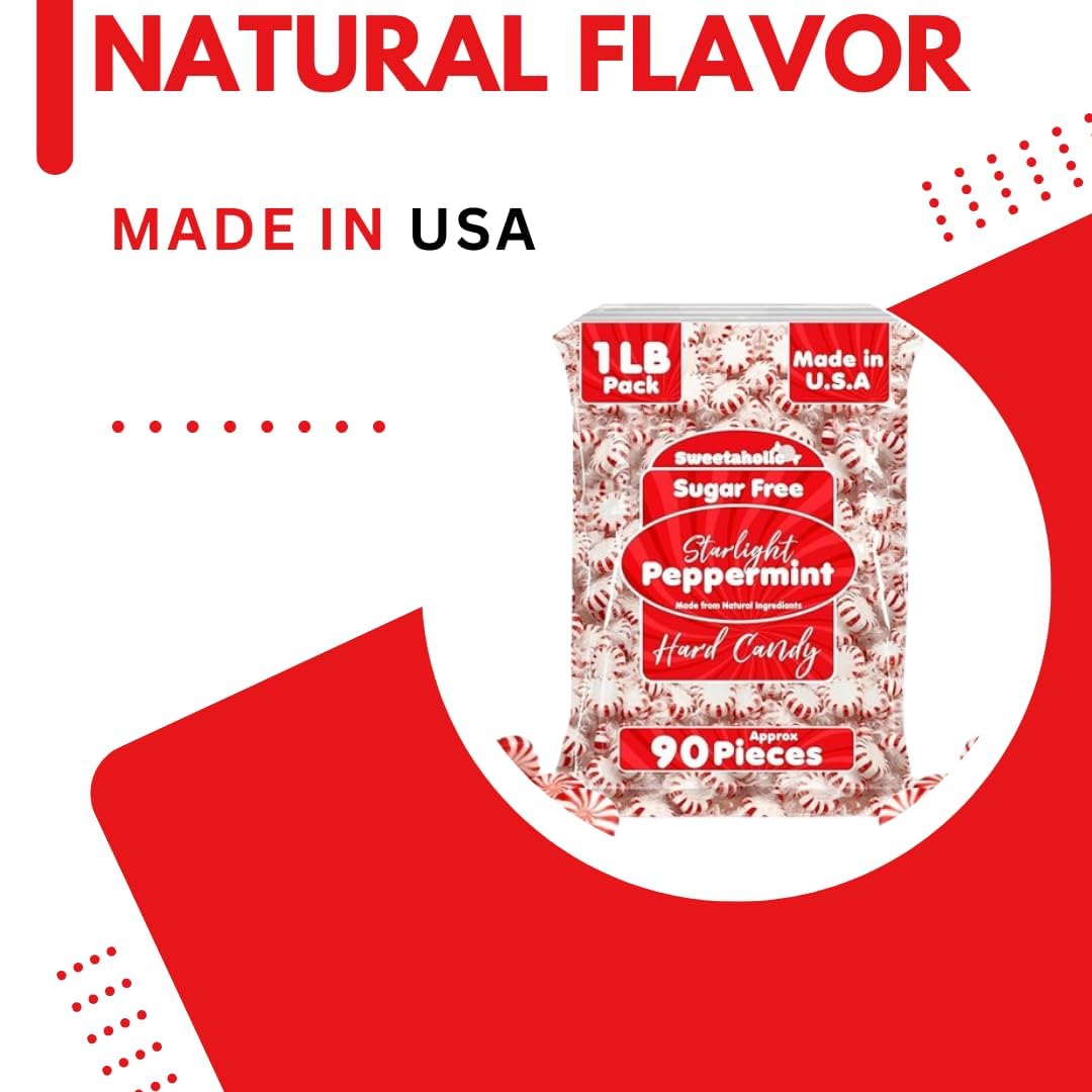 Sweetaholic Sugar Free Starlight Peppermint Candy | 1 Pound (90 Pcs Approx) | Made In Usa | Individually Wrapped | Bulk Hard Can