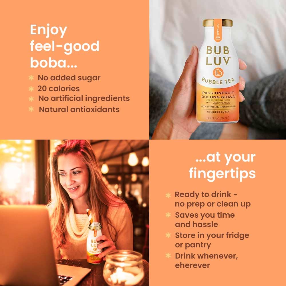 Bubluv Low Sugar Bubble Tea - Passionfruit Oolong Guava With Low-Carb Jelly Pearls - Ready-To-Drink Boba Fruit Tea In A Glass Bo