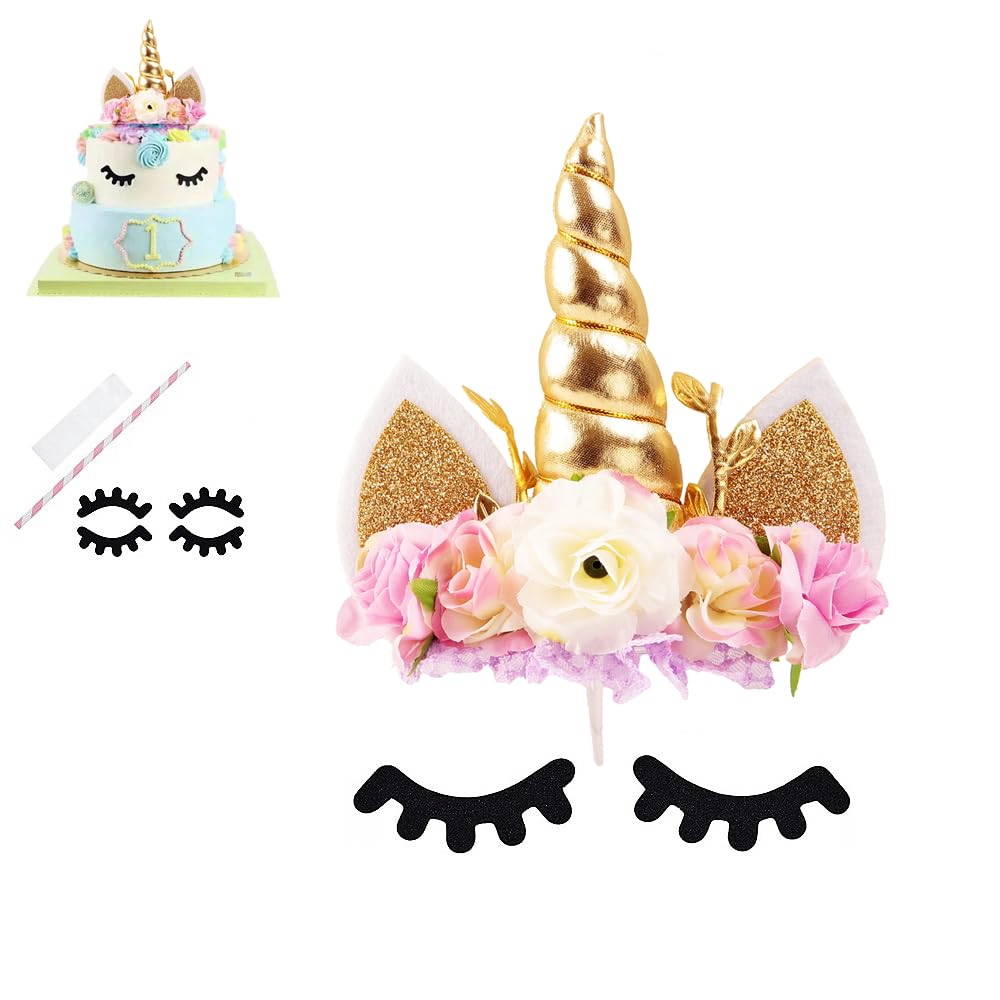 Nishine Rose Floral Unicorn Cake Topper, Gold & Ivory, Paper, 14cm x 14cm x 3cm