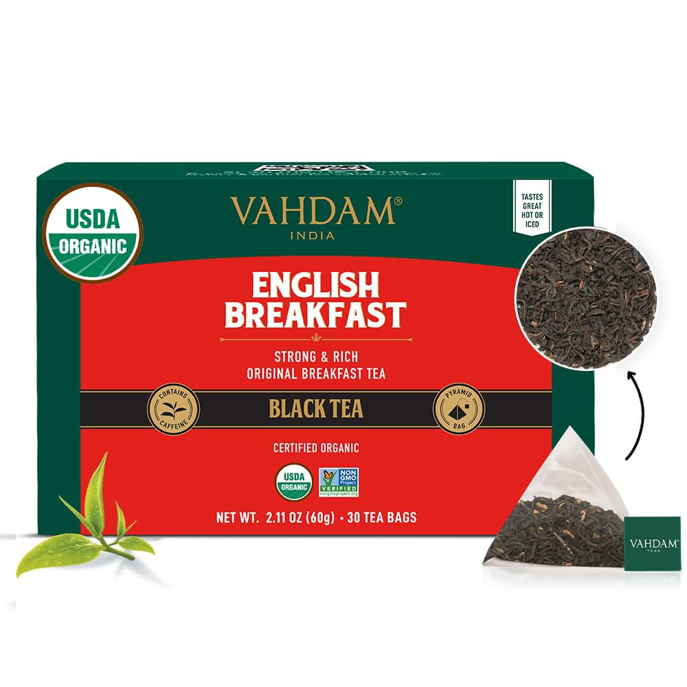 VAHDAM Organic English Breakfast Black Tea Bags, 30 Count, High Caffeine, Gluten Free, Individually Wrapped, Black