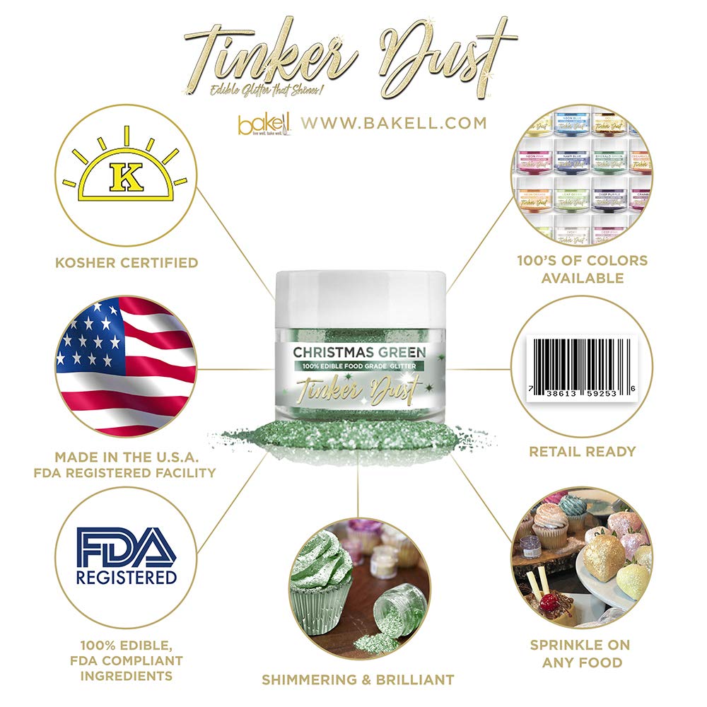 Bakell Edible Glitter Tinker Dust, 5g, Christmas Green, KOSHER Certified, for Cakes, Cupcakes, Drinks