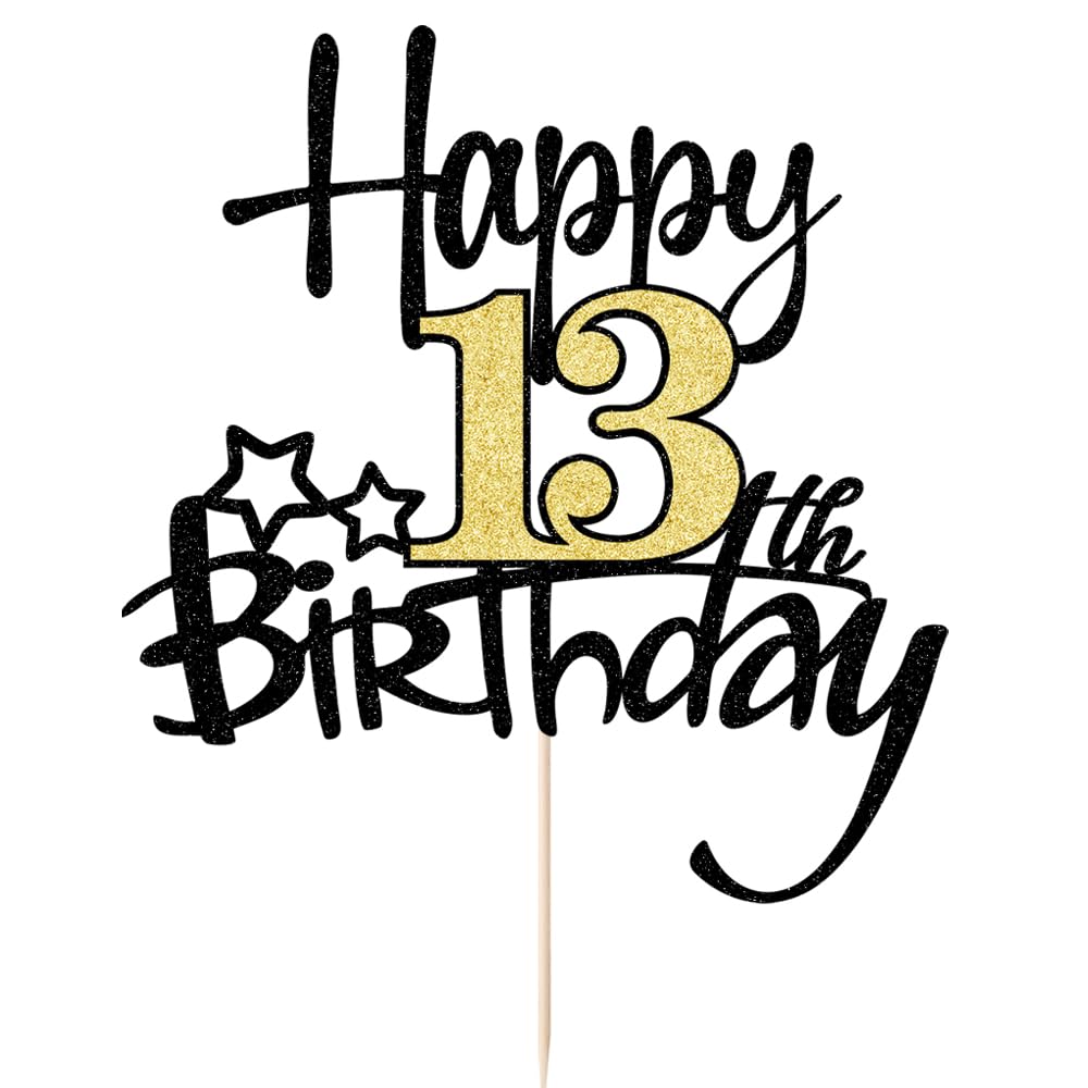 Kaoenla Black Gold Glitter Happy 13Th Birthday Cake Topper - Hello 13/Cheers13,Happy Thirteen Birthday Anniversary,13 Years Old