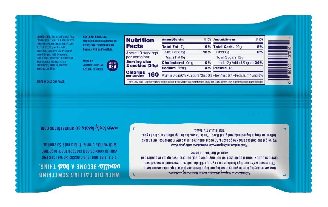 Tru-Blu Vanilla Cookies with Vanilla Crme | No artificial ingredients | No High Fructose Corn Syrup | Made in the USA |12 Ounce