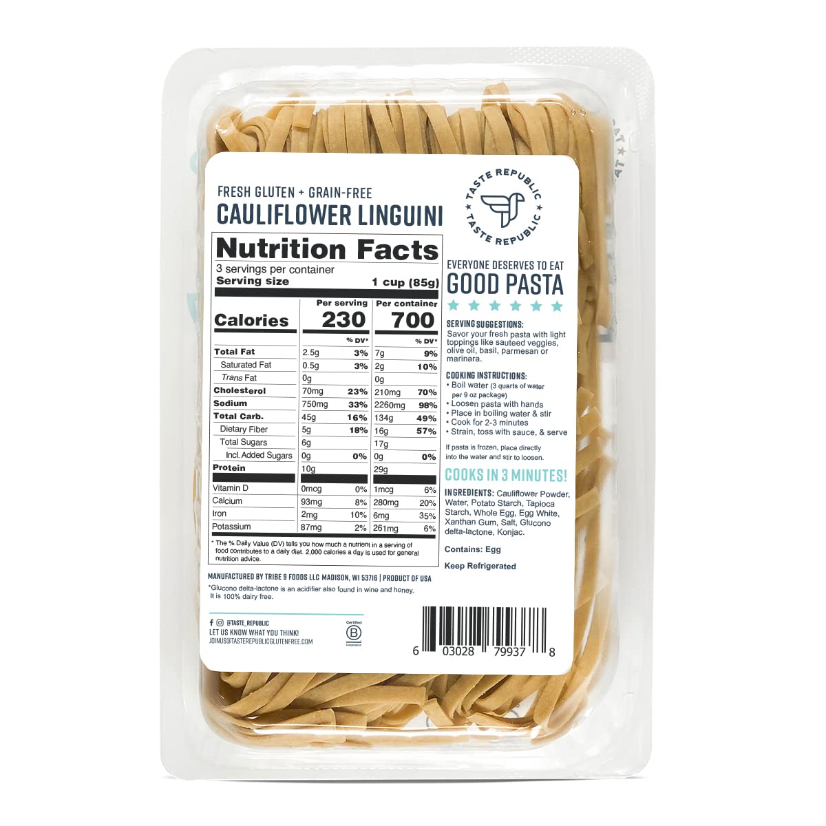 Cauliflower Linguini | Grain-Free, Gluten-Free, Kosher | Fresh Pasta | Cooks in Just 3 Minutes | Taste Republic | Frozen | 9oz (