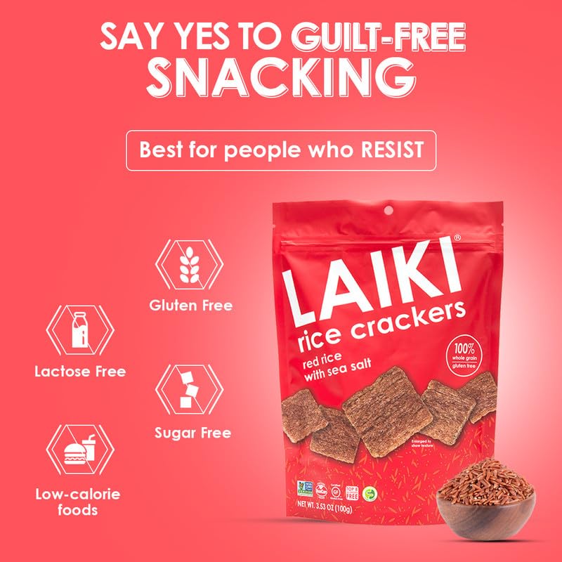 Laiki Gluten Free Rice Crackers, Red Rice, Resealable 3.53 Ounce Bag