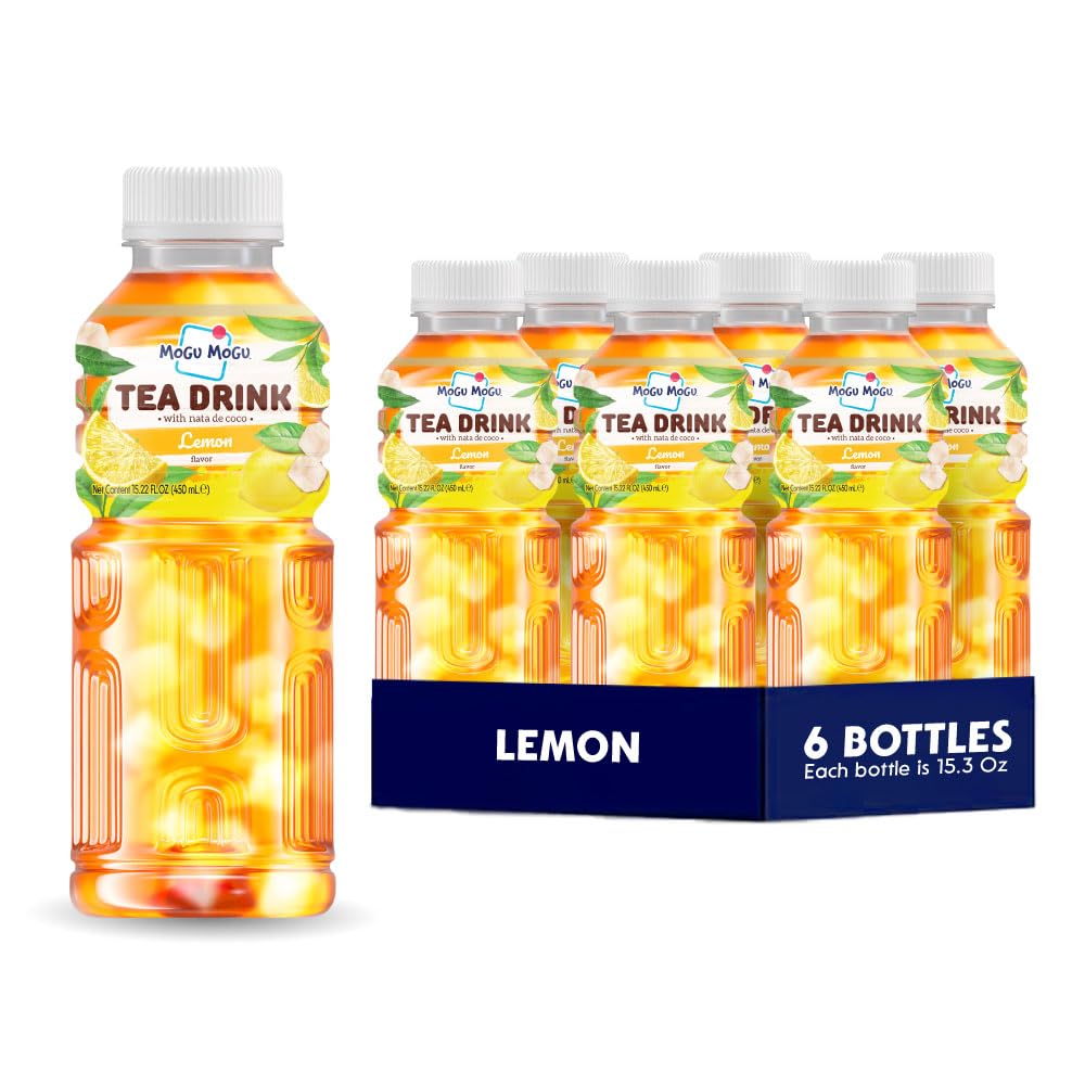 Mogu Mogu Lemon Iced Tea With Nata De Coco (Coconut Jelly) - Chewy Bubble Tea Alternative  Refreshing Drink  6 Pack Bottles  15.3 Fl Oz Each