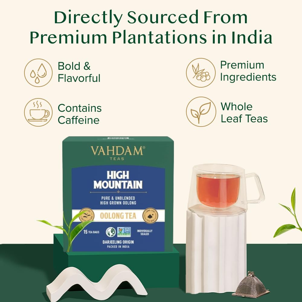 Vahdam, High Mountain Oolong Tea Bags (15 Count) Non-Gmo, Gluten-Free | Naturally High Grown Oolong Tea Leaves - Light & Floral