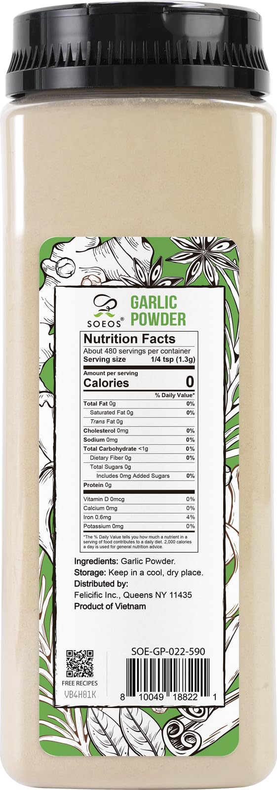 Soeos Garlic Powder 22 Ounce(624 G), Garlic Powder Seasoning, Non-Gmo, Gluten Free, Garlic Seasoning For Flavor Vegetables, Gril