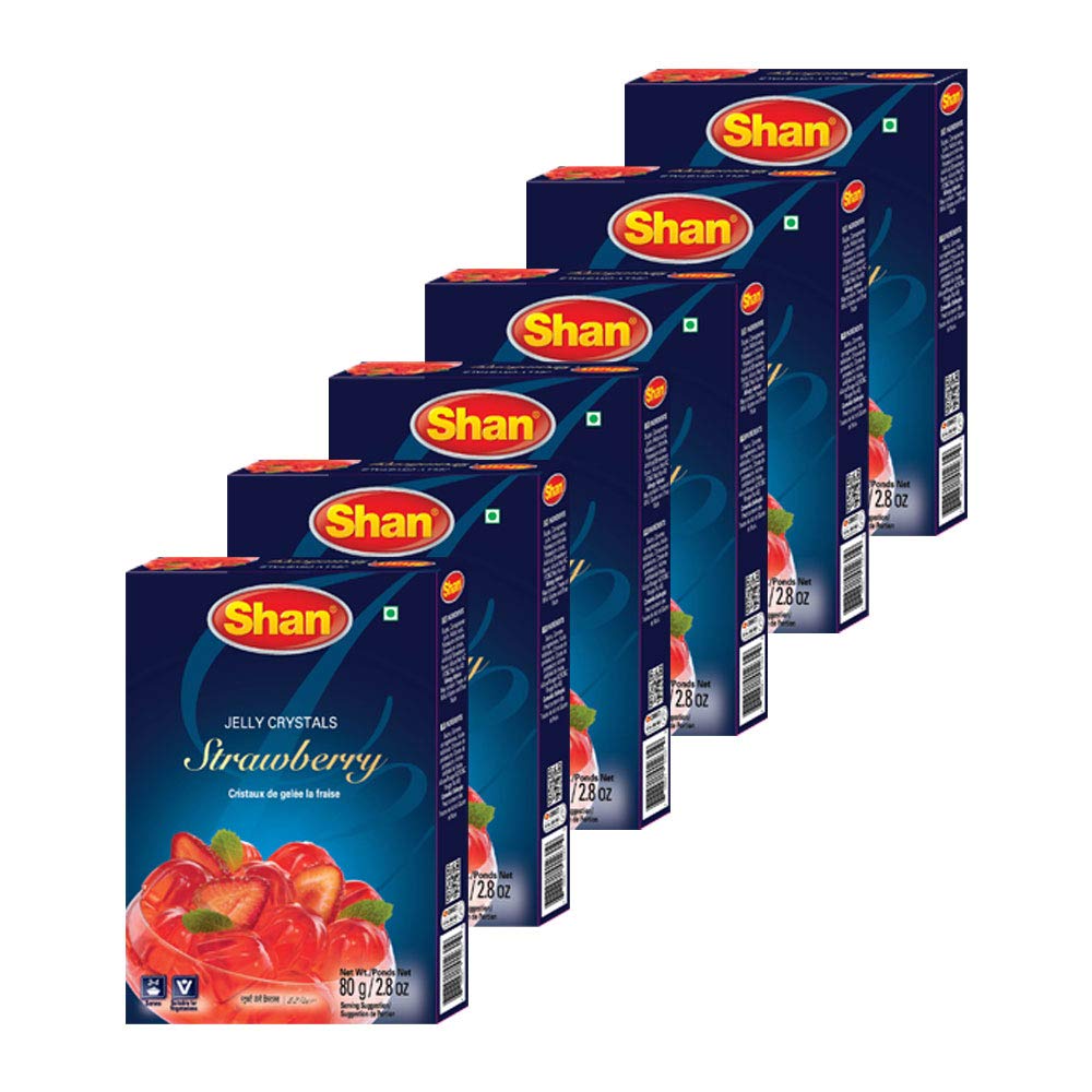 Shan Jelly Crystals Strawberry - Quick & Easy Instant Jello, Vegetarian-Friendly, Pack of 6, 2.82 oz (80g)