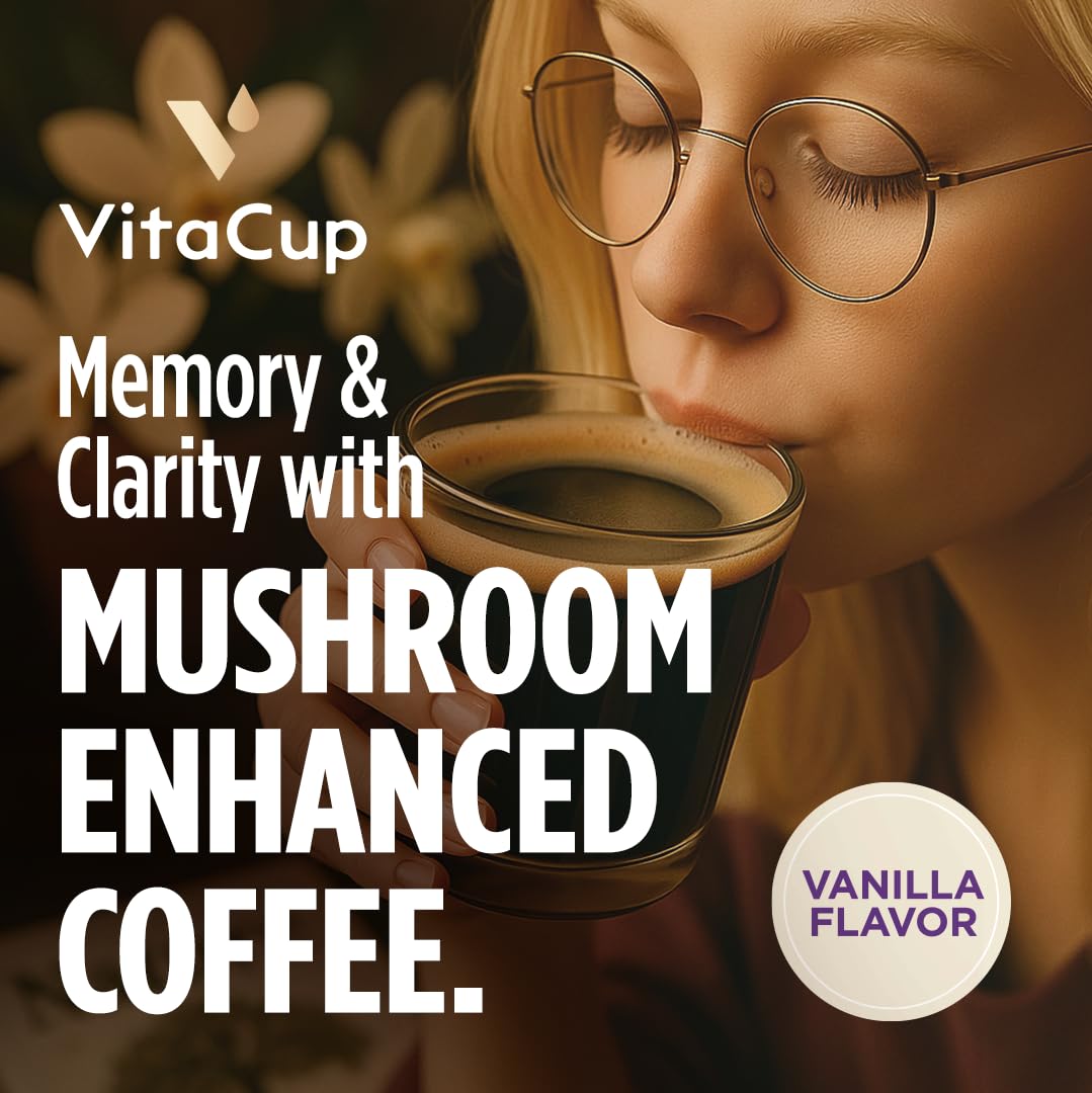 VitaCup Focus Mushroom Coffee Grounds, Vanilla Flavored Coffee with Lions Mane, Chaga, B Vitamins, D3, Boost Focus, Immunity, Me