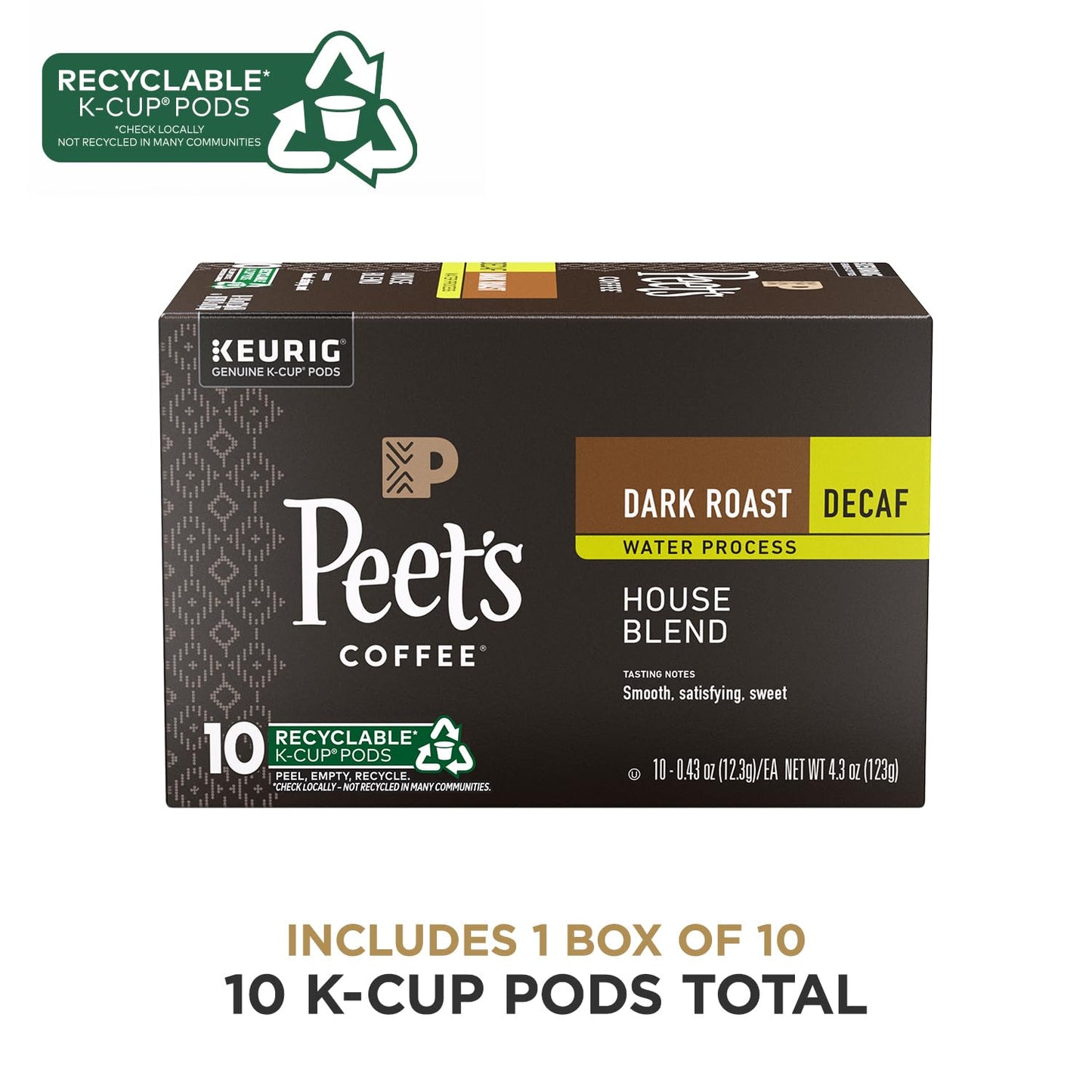 Peets Coffee  Dark Roast Decaffeinated Coffee K-Cup Pods for Keurig malt-inspired - Decaf House Blend 10 Count (1 Box of 10 K-Cup Pods)