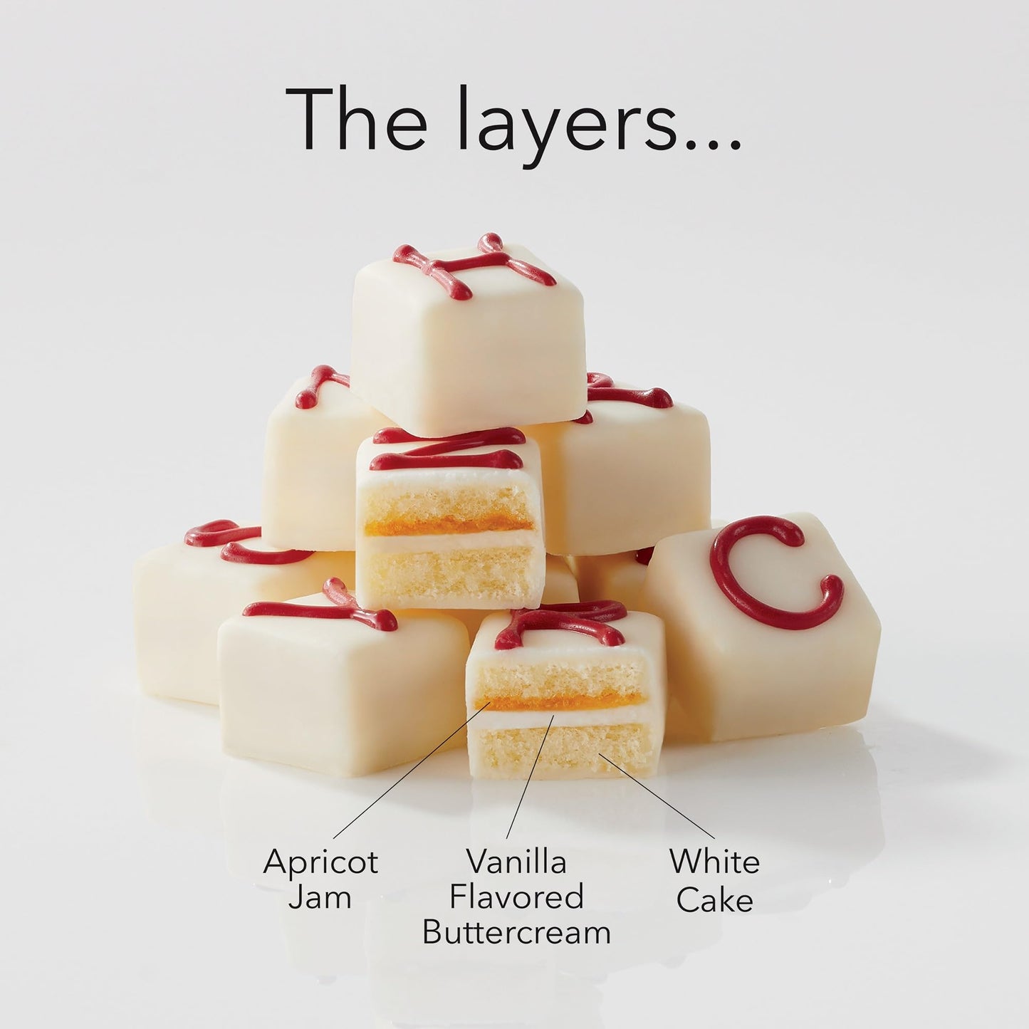 The Swiss Colony Merry Christmas With Love Petits Fours Cakes - Gourmet Cake Assortment With Red Velvet, And Vanilla Layer Cakes - Holiday Dessert Gift - (Pack Of 36)