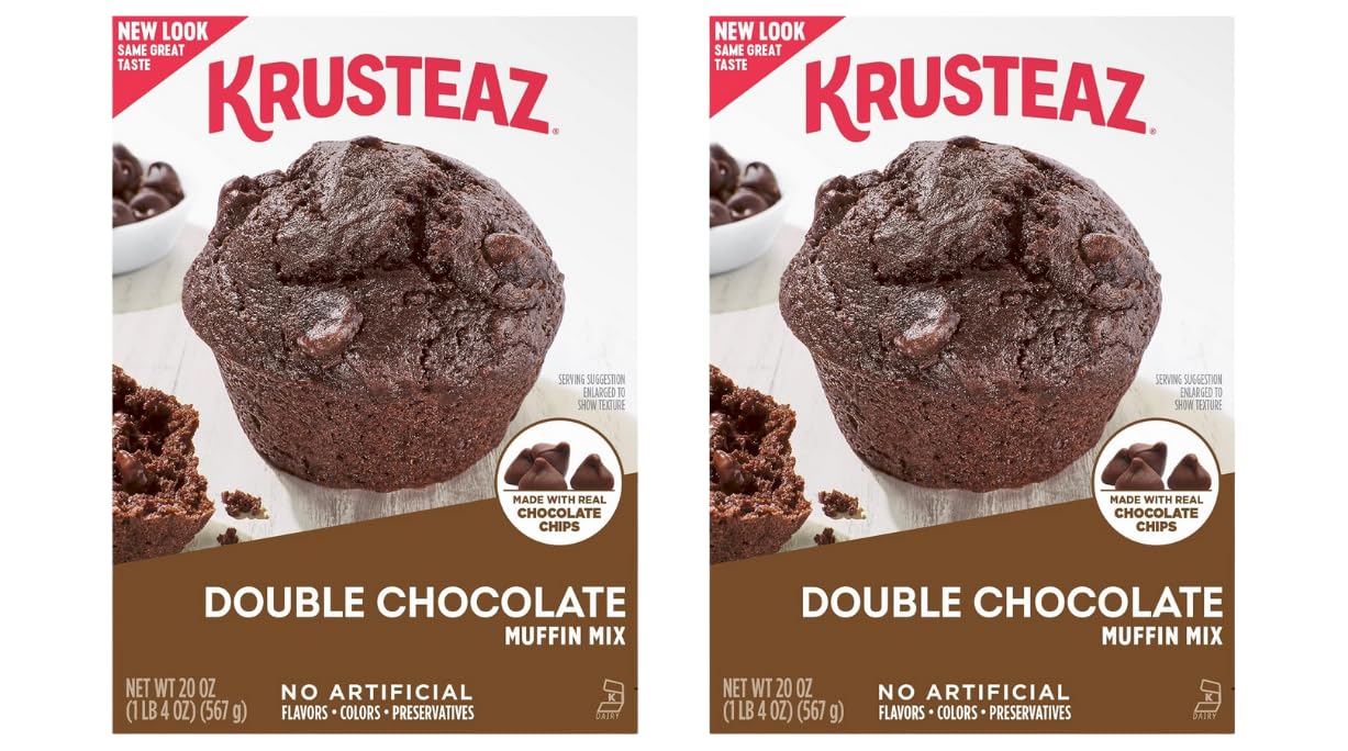 Krusteaz Double Chocolate Muffin Mix, 20 Oz Box (Pack of 2), Made with Real Chocolate Chips, No Artificial Flavors or Preservatives