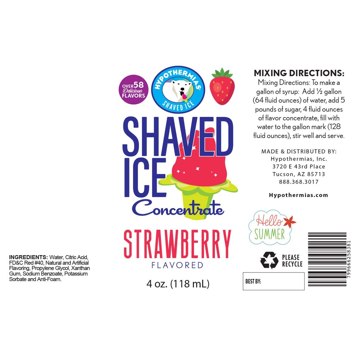 Hypothermias Shaved Ice And Snow Cone Syrup Unsweetened Flavor Concentrate - 4 Fl Oz - Makes 1 Gallon Of Ready To Use Syrup - St