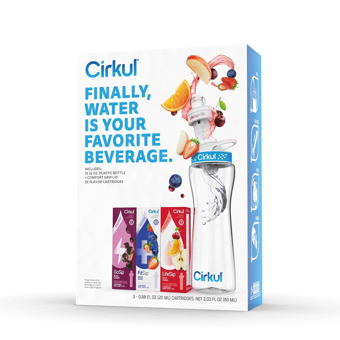 Cirkul 22Oz. Bpa-Free Plastic Water Bottle Starter Kit With Blue Lid, 3 Flavor Cartridges (1 Lifesip Fruit Punch, 1 Fitsip Mixed