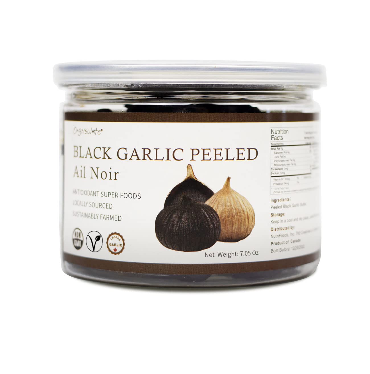 orgnisulmte Peeled Black Garlic Cloves, Fermented 90 Days, Non-GMO, 7.05 Oz