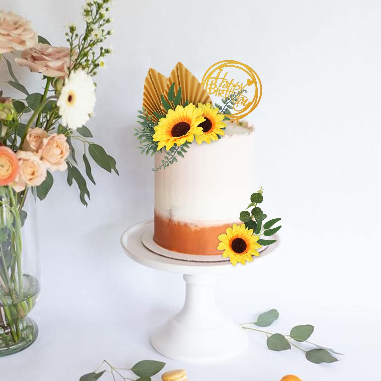 Memovan Sunflower Cake Topper 18Pcs Sunflower Cake Decoration With Gold Happy Birthday Cake Topper Sunflower Golden Palm Eucalyp