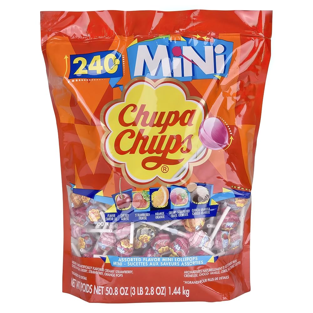Chupa Chups Mini Lollipop Assortment, 5 Flavors, Individually Wrapped Candy For Kids, 50.8 Oz Bag (240 Suckers)