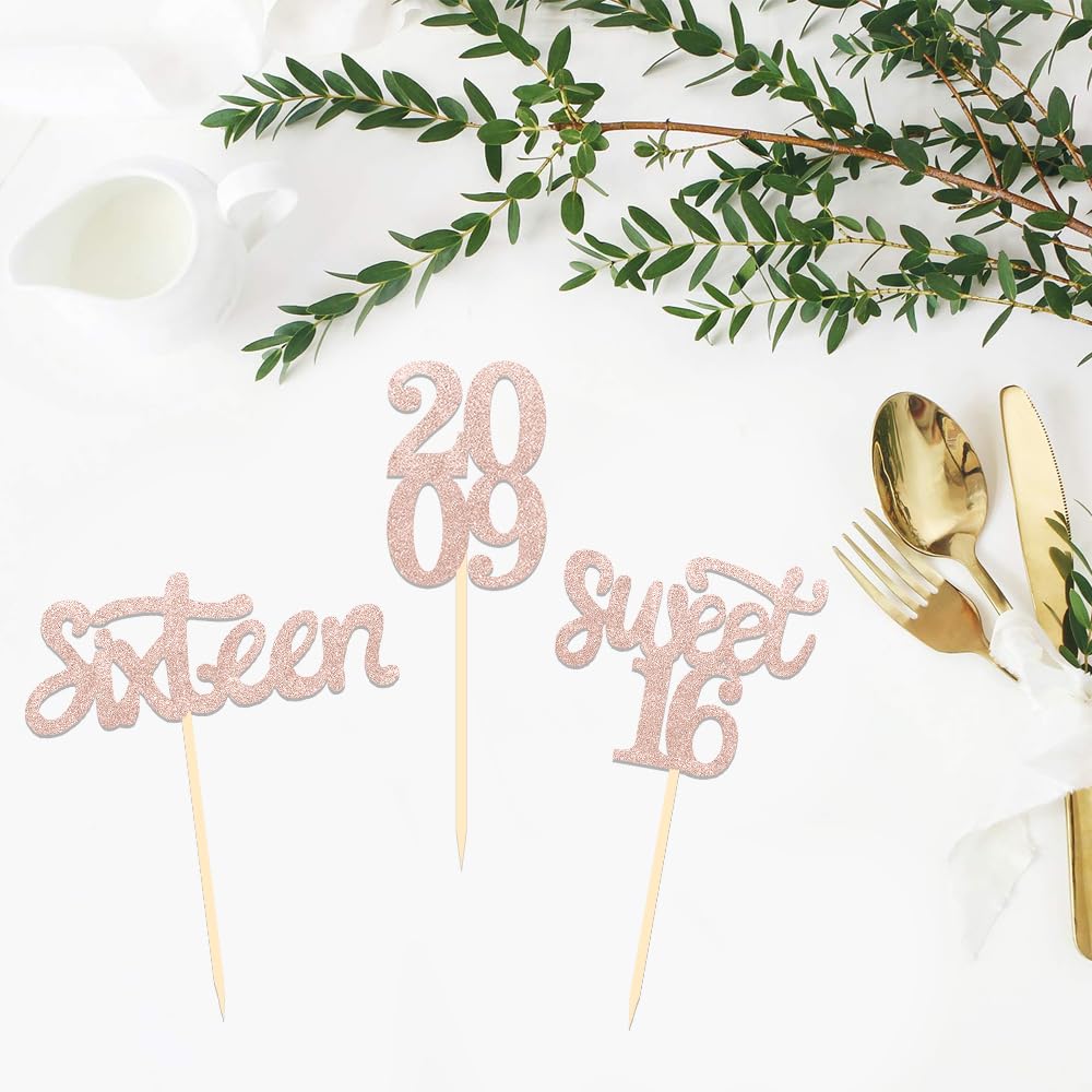 Partico 24 Pcs Cupcake Toppers, Sweet 16 Rose Gold Glitter Decorations, Paper, for 16th Birthday Party