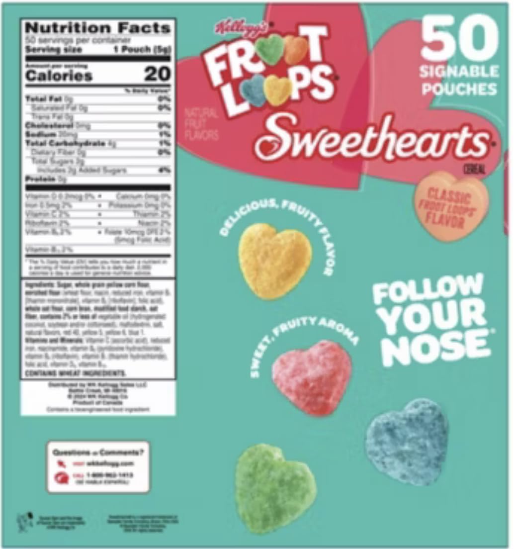 Valentine'S Day Gift For Kids- Froote Loopes Sweethearts Cereal Snacks 50 Pouches Individually Wrapped - Perfect For Classroom E