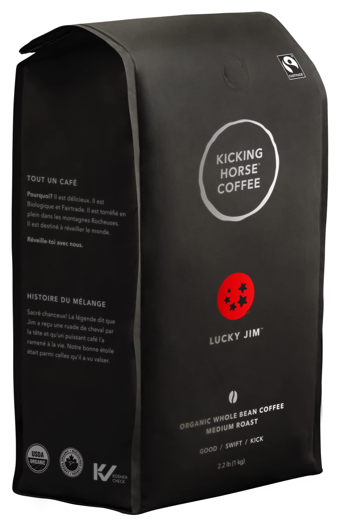 Kicking Horse Coffee Lucky Jim Whole Beans, Medium Roast, Certified Organic Fairtrade, Chocolate, 35 Oz (Package May Vary)