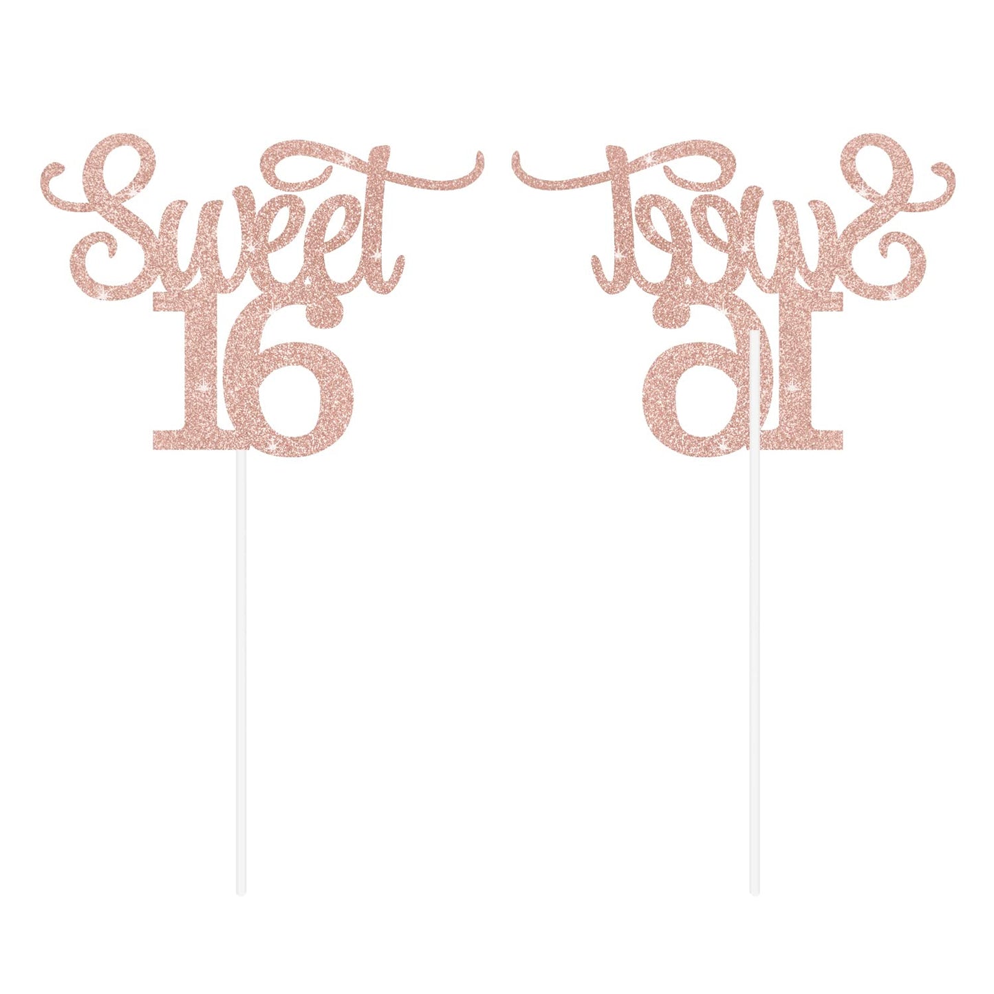 Gexolenu 1 Pcs Rose Gold Glitter Double-Sided Happy Sweet 16 Cake Toppers,16Th Cake Topper, Sweet 16 Birthday Cake Party Supplie