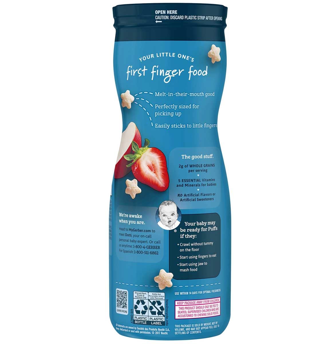 Gerber Snacks For Baby Grain & Grow Puffs, Strawberry Apple, 1.48 Oz (Pack Of 3)