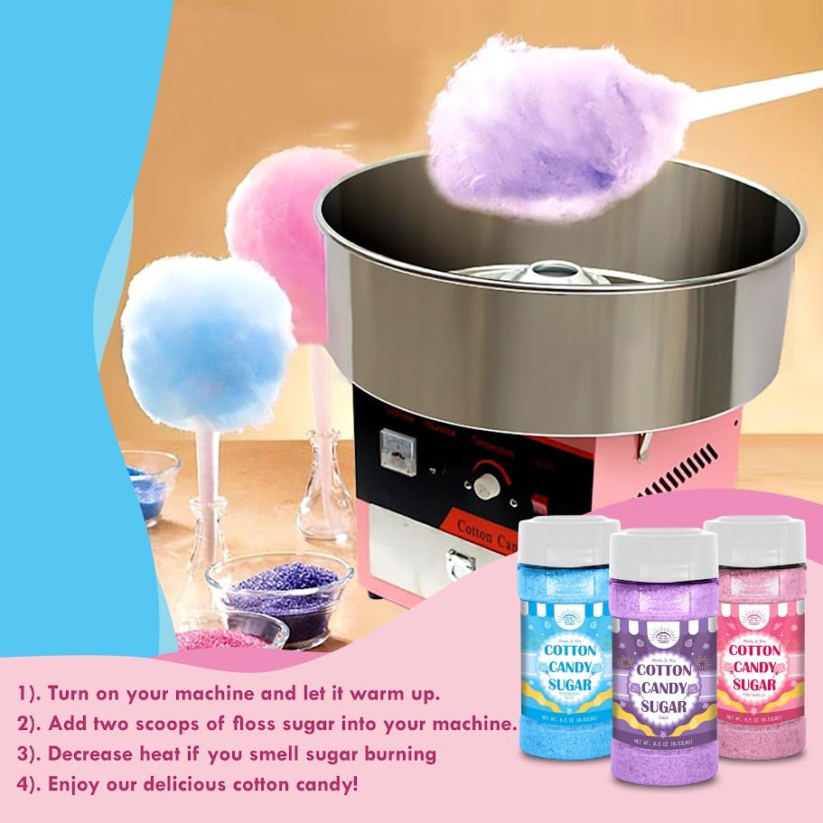 Cotton Candy Floss Sugar Package of ct-(Pink Vanilla  Blue Raspberry & G)-8.5oz Each Flavor W/ 50 Paper Cones