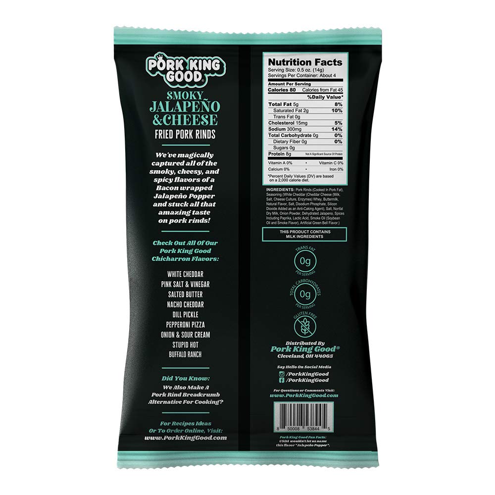 Pork King Good Smoky Jalapeño & Cheese Pork Rinds (Chicharrones) (4 Pack) Keto Snacks
