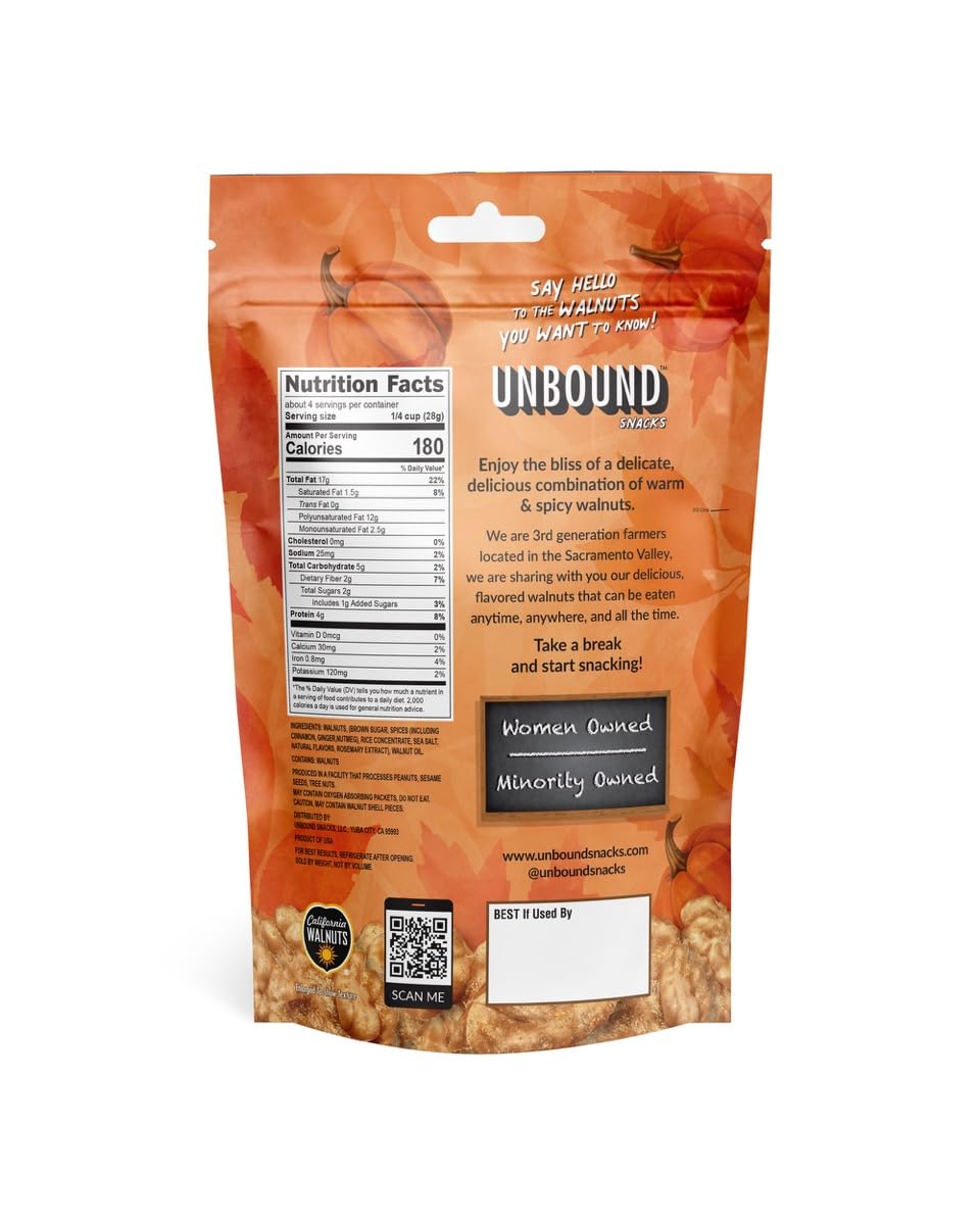 Unbound Snacks Flavored Nuts - Pumpkin Spice Walnuts, 4 oz (Pack of 4) - Healthy Snacks, 4g Protein, 1g Sugar, High in Omega 3,