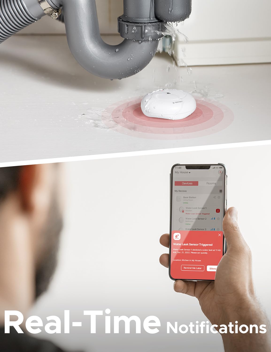 X-Sense Wi-Fi Water Leak Detector, Smart Water Sensor Alarm, Water Detector Alarm With 1700 Ft Transmission Range For Kitchens,