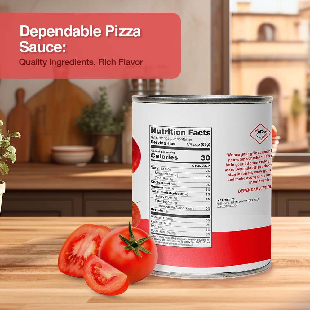 Dependable Foods Pizza Sauce - 6.10 Lbs., 106 Oz.- Extra Heavy Pizza Sauce With Basil - Authentic California Vine To Bottle Blen