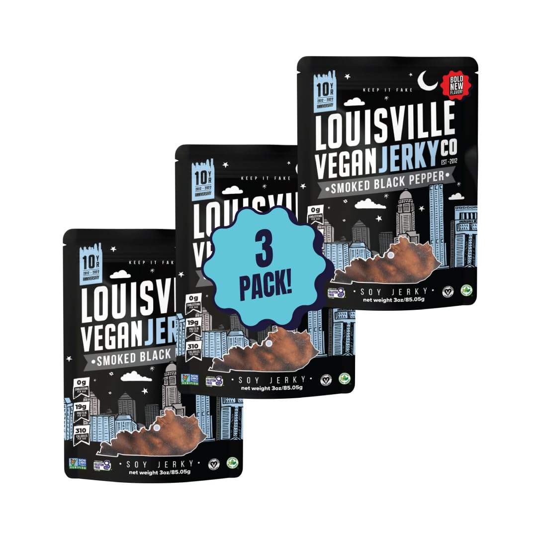 Louisville Vegan Jerky Smoked Black Pepper, 19g Non-GMO Soy Protein, Gluten-Free, 3 oz, 3 Pack