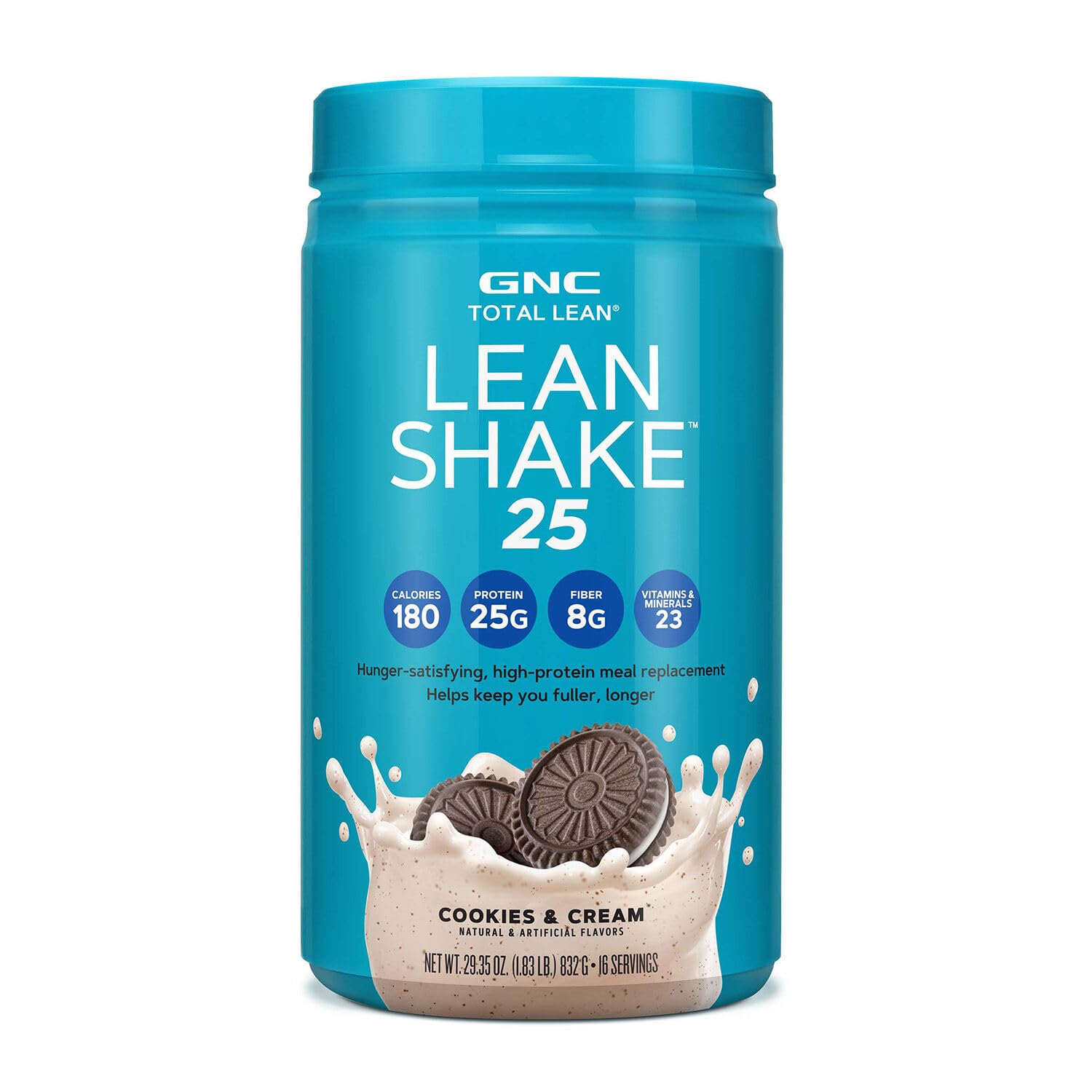 GNC Lean Shake 25 Meal Replacement Powder, Weight Management, With 25g Protein and High Fiber, Keto, Cookes and Cream, 16 Servin