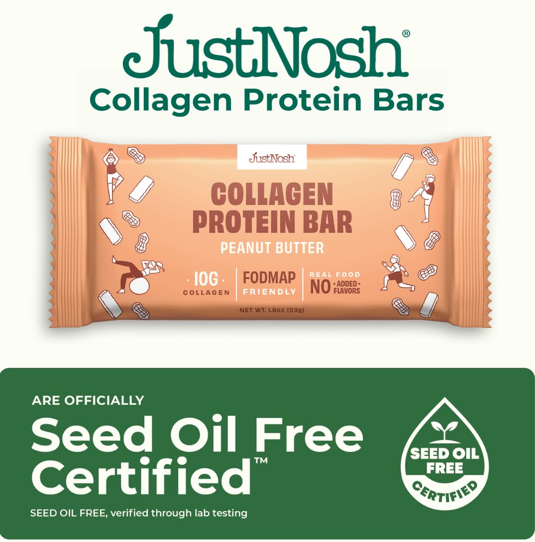 Justnosh ?P?Eanut Butter Collagen Protein Bars – 16G Protein, 10G Collagen | Gluten & Dairy Free, Low Fodmap, Seed Oil Free (12 Pack)