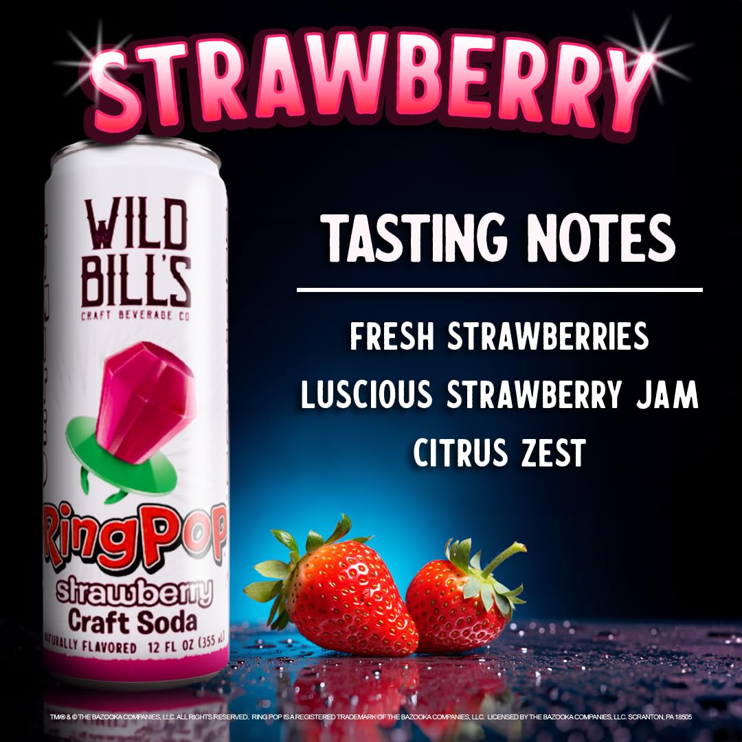 Wild Bills Strawberry Ring Pop Craft Soda – Pure Cane Sugar, Caffeine Free, Vegan – 12 Oz Cans, 12 Pack
