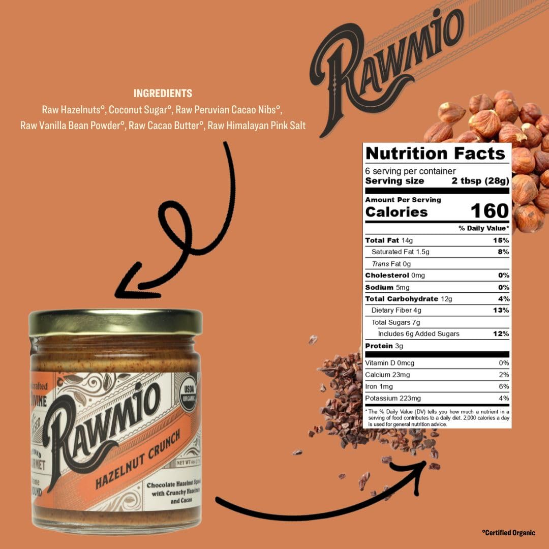 Rawmio Organic Hazelnut Crunch Spread, 6 Oz. Jar, 6 Serving Per Jar - Raw, Organic, Vegan, Gluten-Free